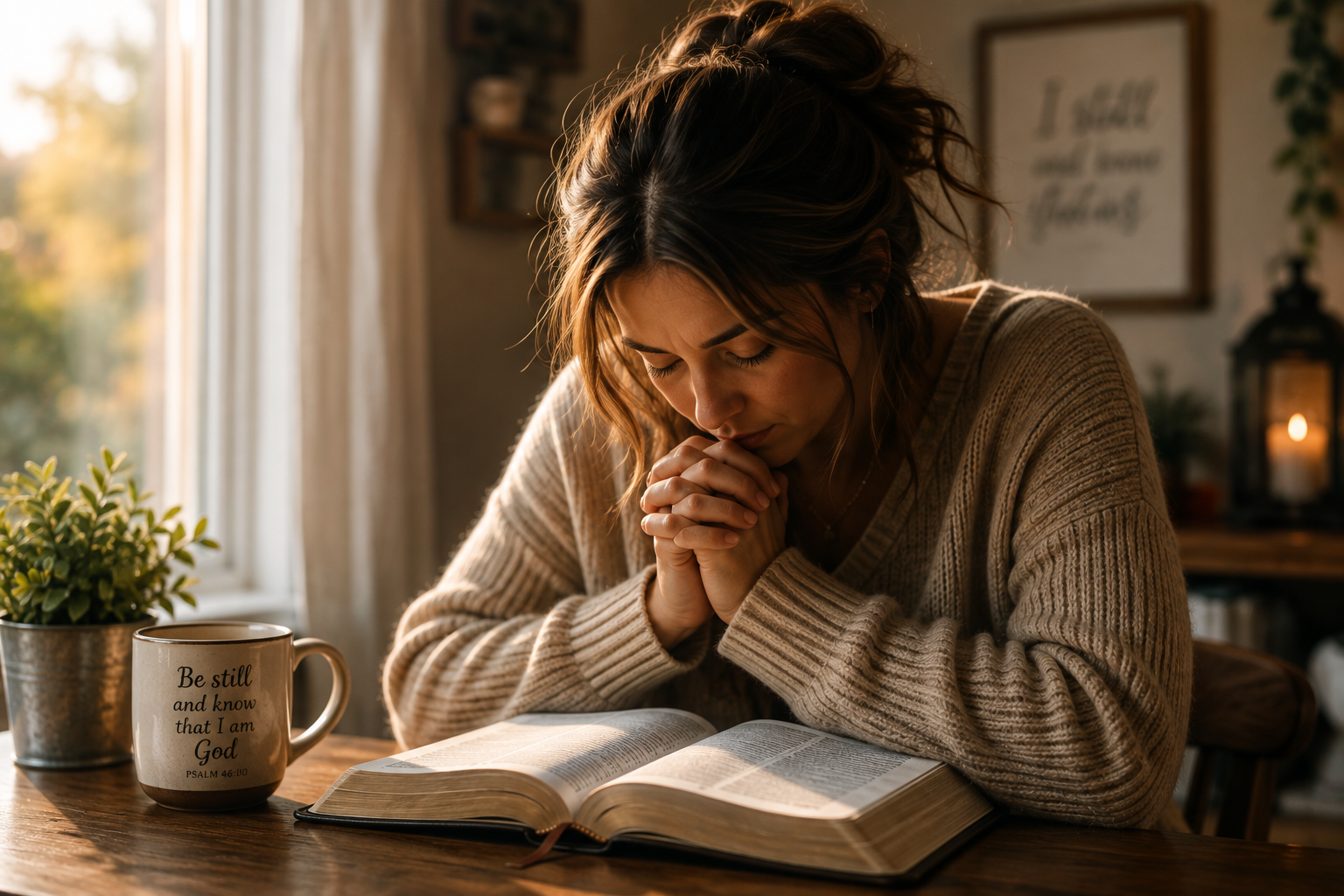 woman in prayer with her bible